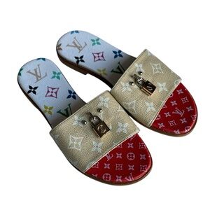 🆕Louis Vuitton Style Beige Reverse Monogram Canvas Lock It Flat Slide Sandals🆕